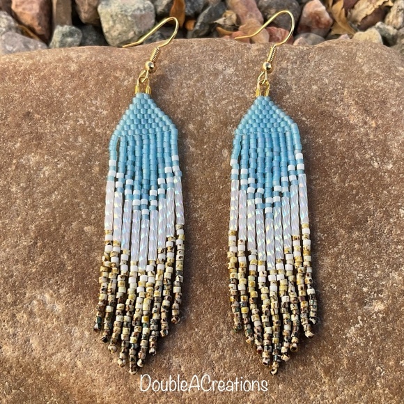 Sky Blue Beaded Earrings with Picasso Fringe, New, Handmade by Me - Picture 1 of 7